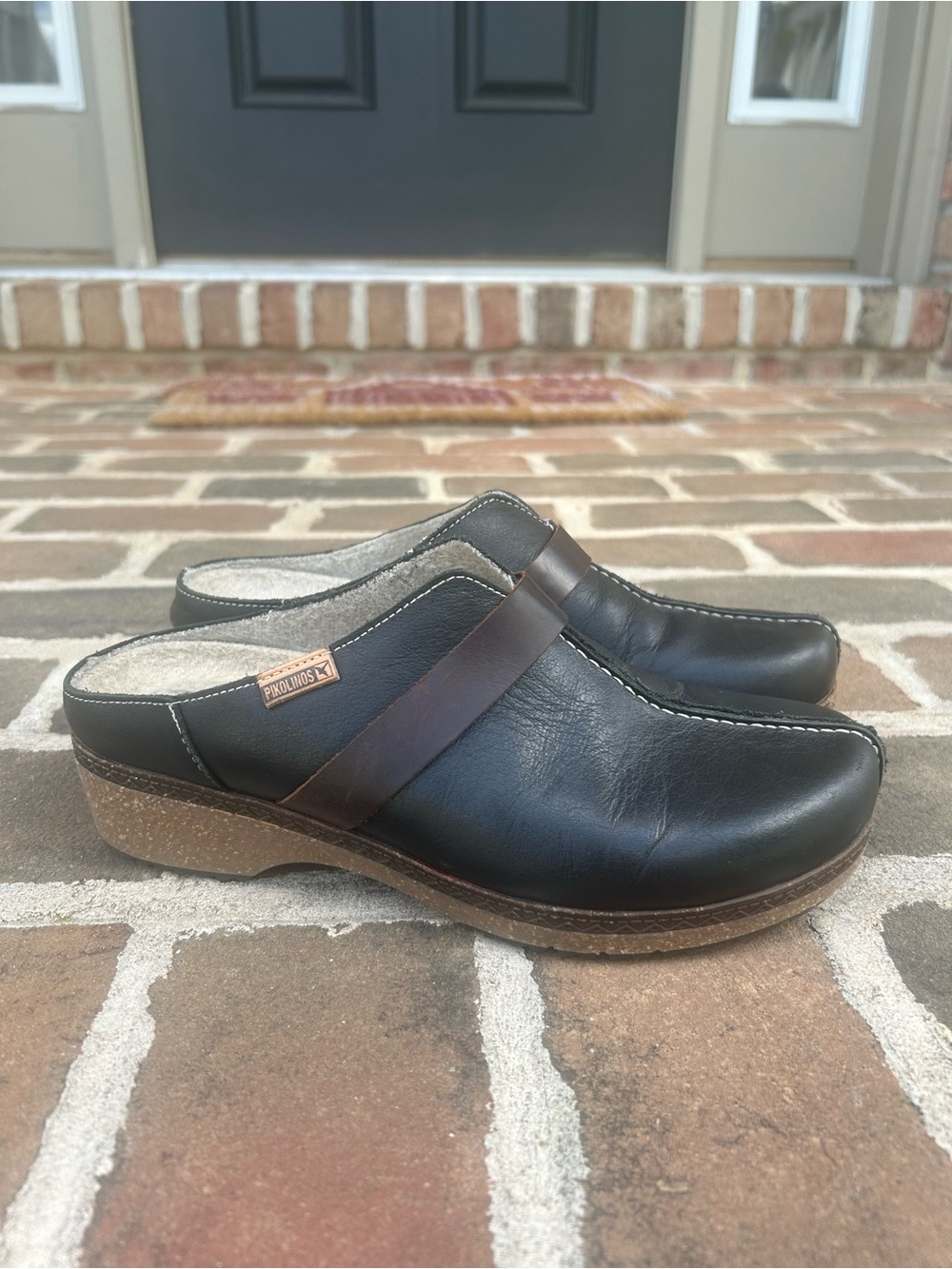 Pikolinos Granada Black Leather Clogs Brown Trim Comfort 38 7.5 8